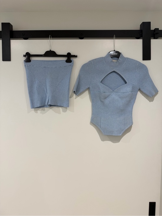 Fleur du Mal Pants - Fleur du Mal Light Blue Ribbed Cutout Bodysuit with Matching Shorts
